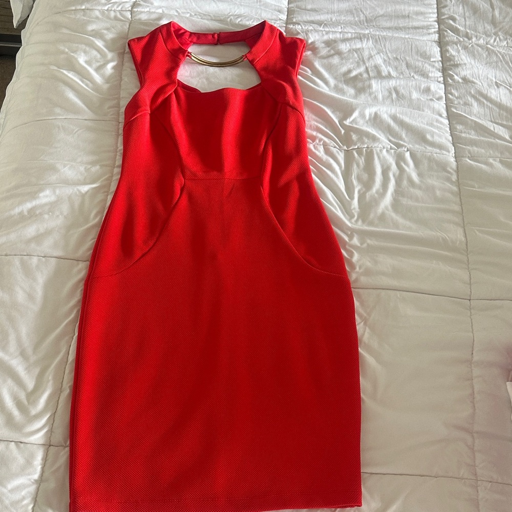 Bisou Bisou Vibrant Red Mini Dress with Gold Neck Ring